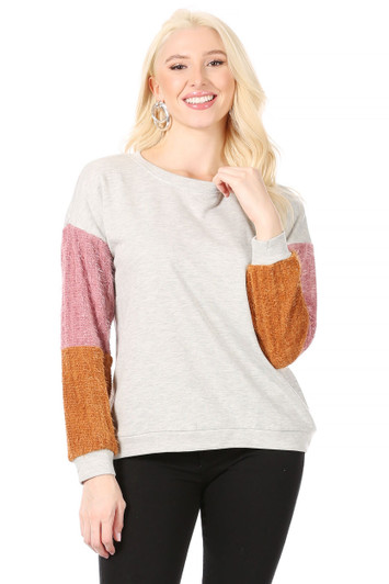 Wholesale Light Grey Sweatshirt with Drop Shoulder Sleeves, Mauve Pink and Carmel Mohair-Look Insets along the Sleeves  (Front)