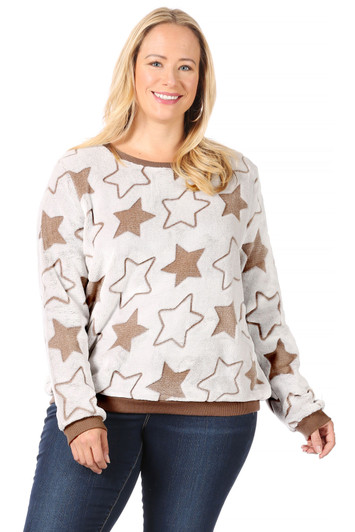 Wholesale Brown and White Fur-Textured Sweatshirt with Large Star Design (Front)